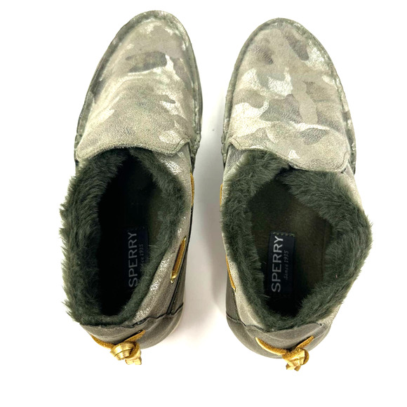 Sperry size 7.5 STS86941 Olive camo fur lined slip on shoes leather D21-61971 - Picture 5 of 9